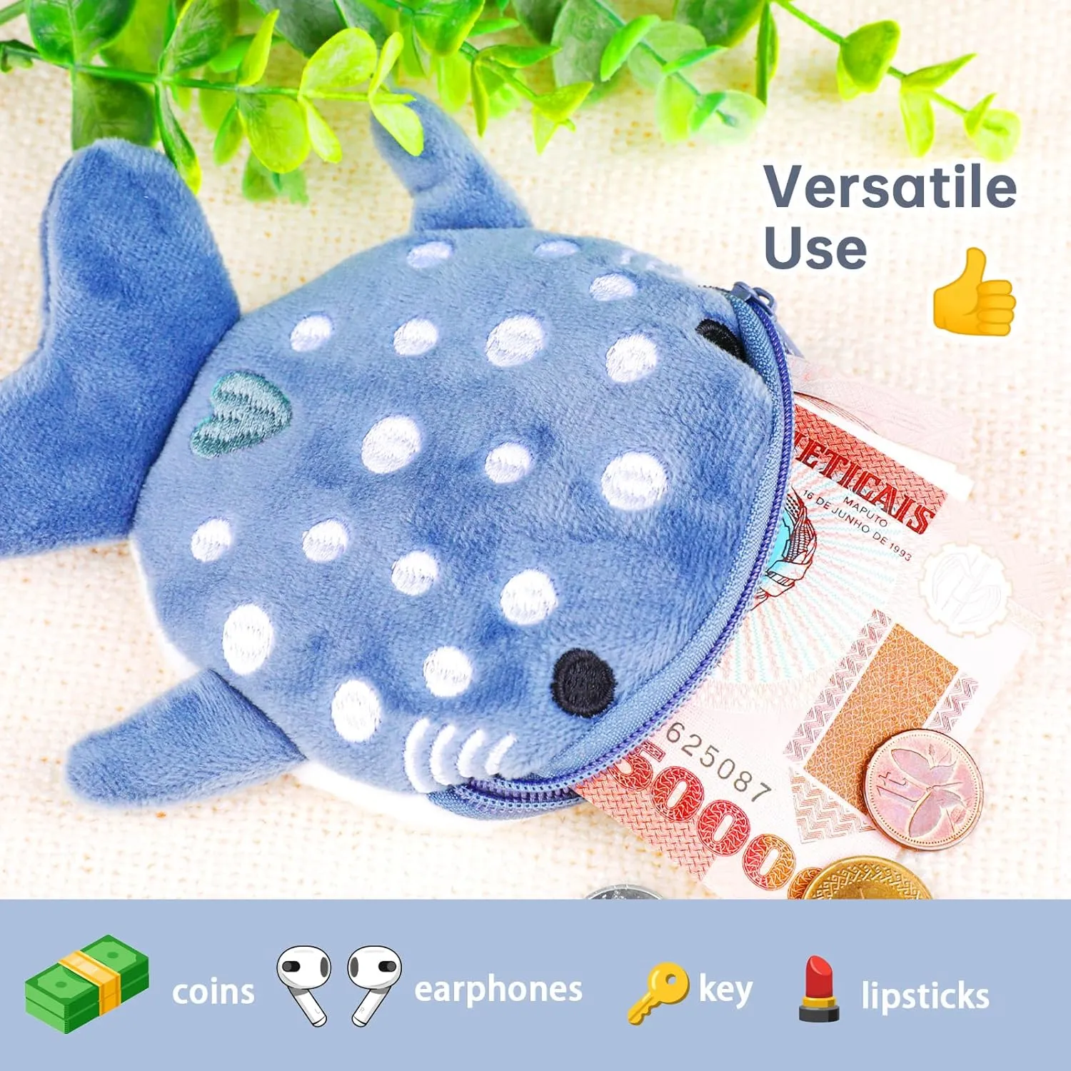 Shark Coin Purse Mini Cute Change Purses Small Cartoon Coin Pouch Funny Zipper Cosmetic Bag Earphone Wallet Small Items Bags for Women (Grey Blue)