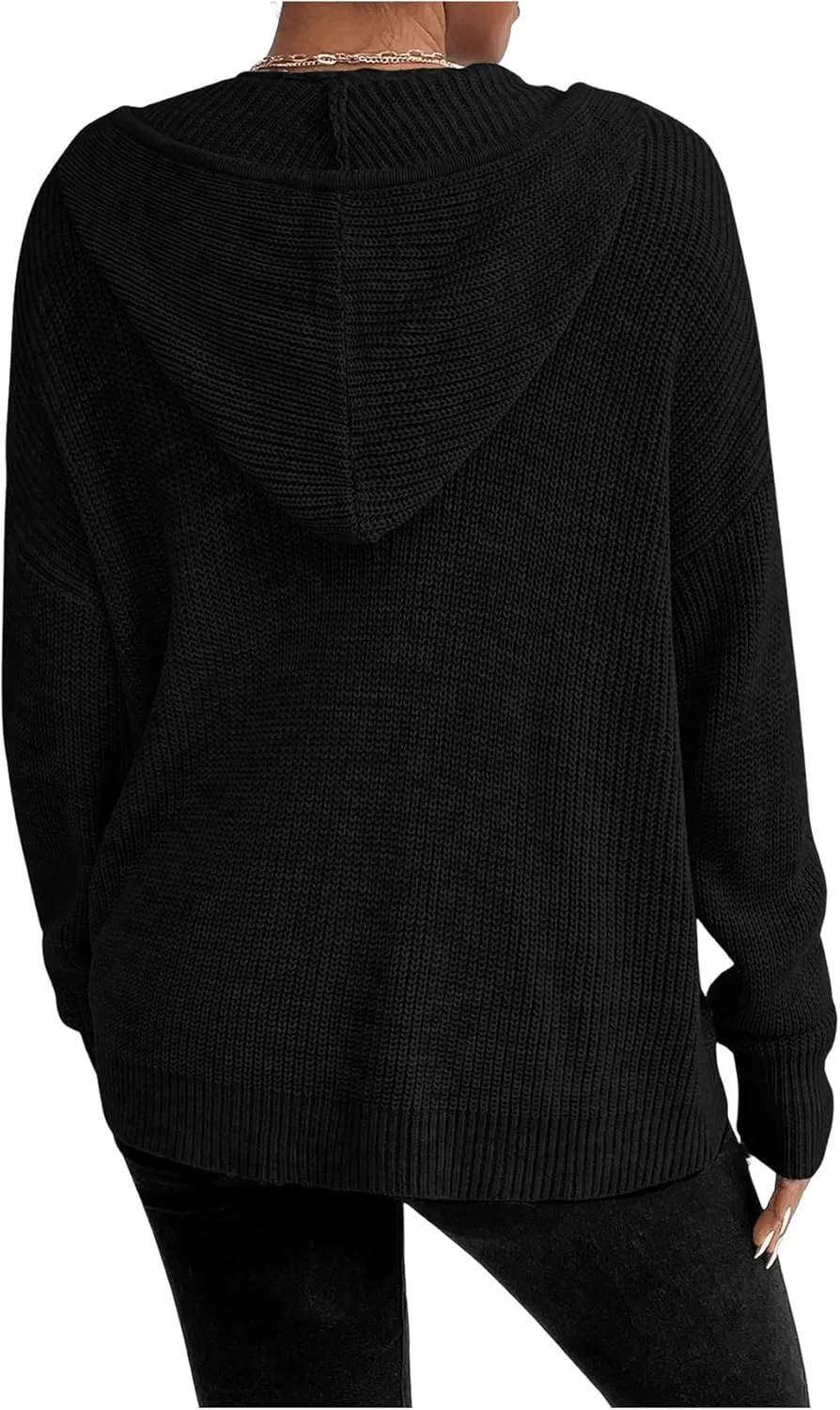 SHENHE Women's Zip Up Hooded Cardigan Drop Shoulder Casual Knitwear Sweater Jacket
