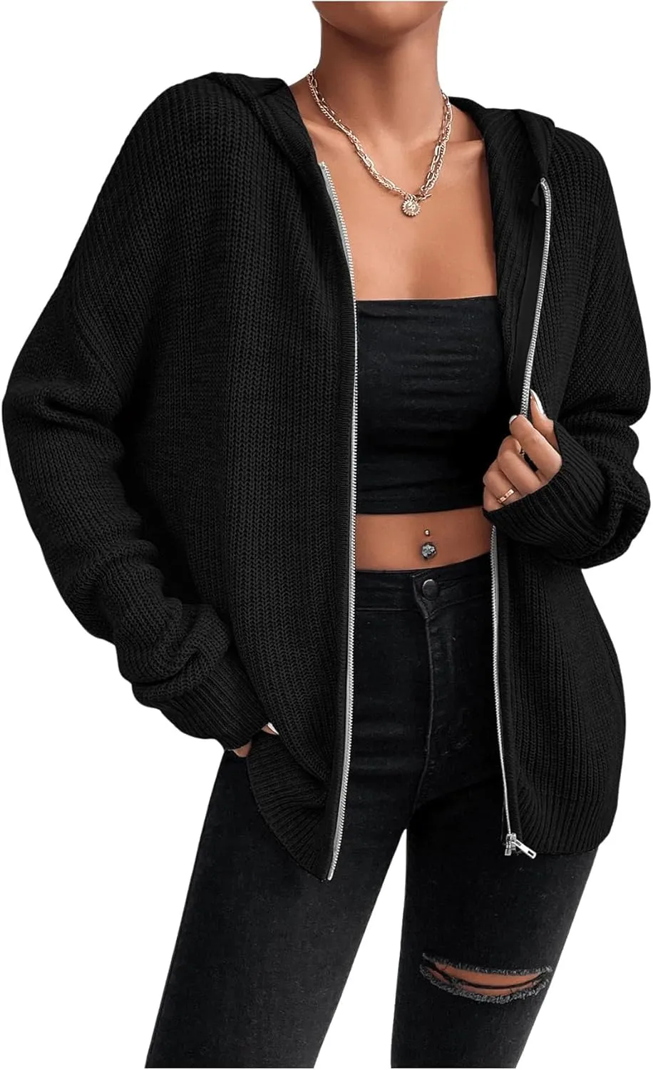 SHENHE Women's Zip Up Hooded Cardigan Drop Shoulder Casual Knitwear Sweater Jacket