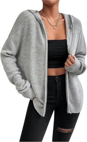 SHENHE Women's Zip Up Hooded Cardigan Drop Shoulder Casual Knitwear Sweater Jacket