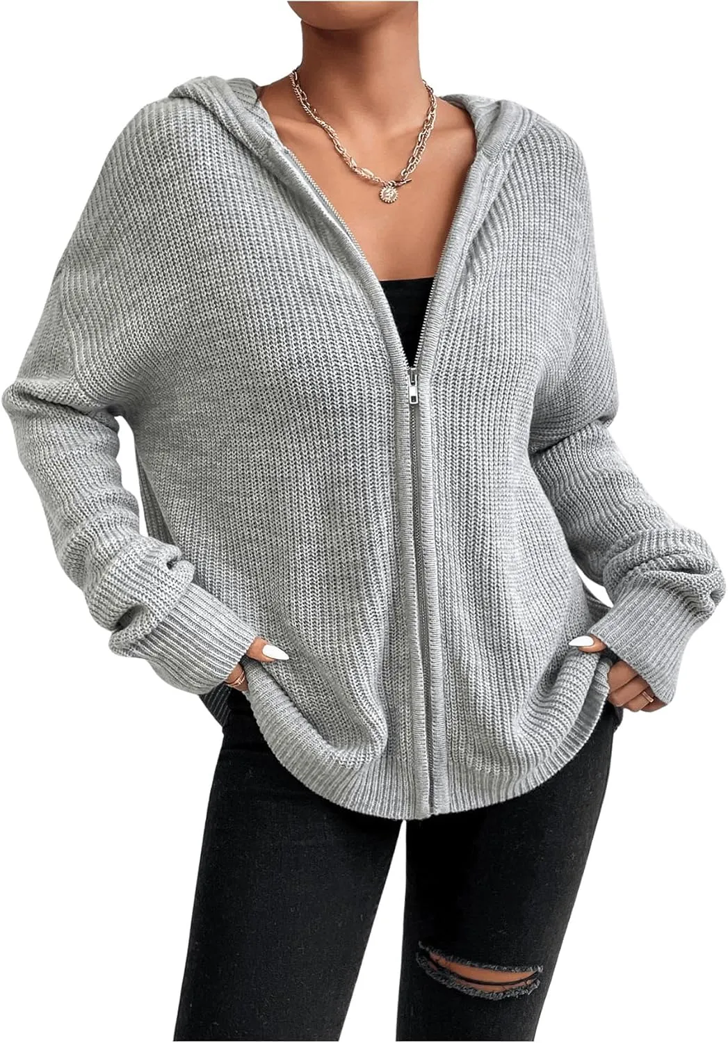 SHENHE Women's Zip Up Hooded Cardigan Drop Shoulder Casual Knitwear Sweater Jacket