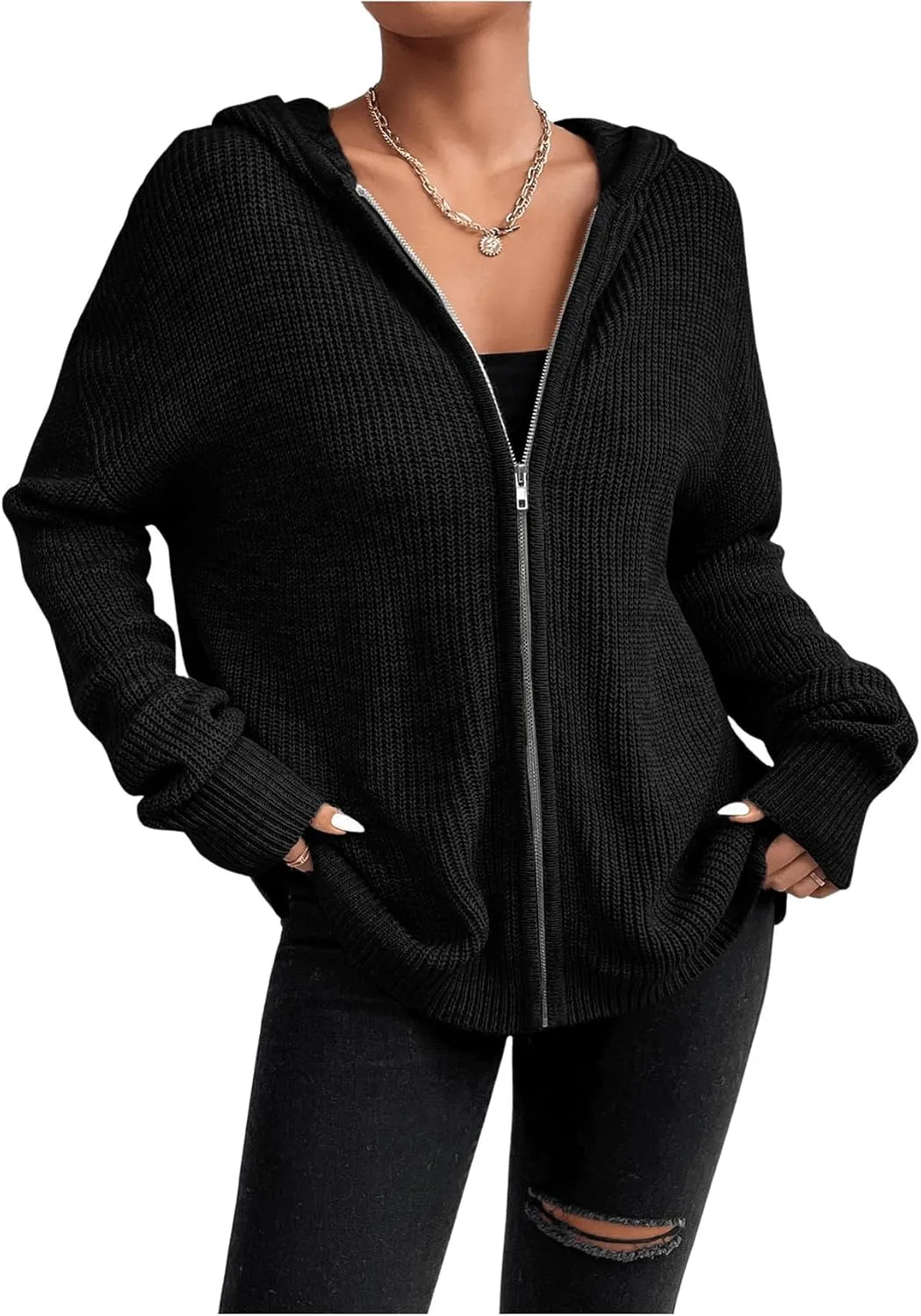 SHENHE Women's Zip Up Hooded Cardigan Drop Shoulder Casual Knitwear Sweater Jacket
