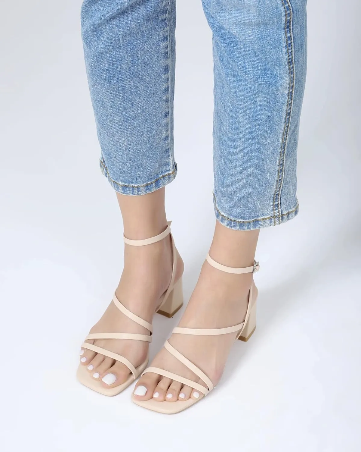Shoe'N Tale Strappy Heels for Women Low Chunky Block Heel Dress Shoes Square Open Toe Ankle Strap Heeled Sandals