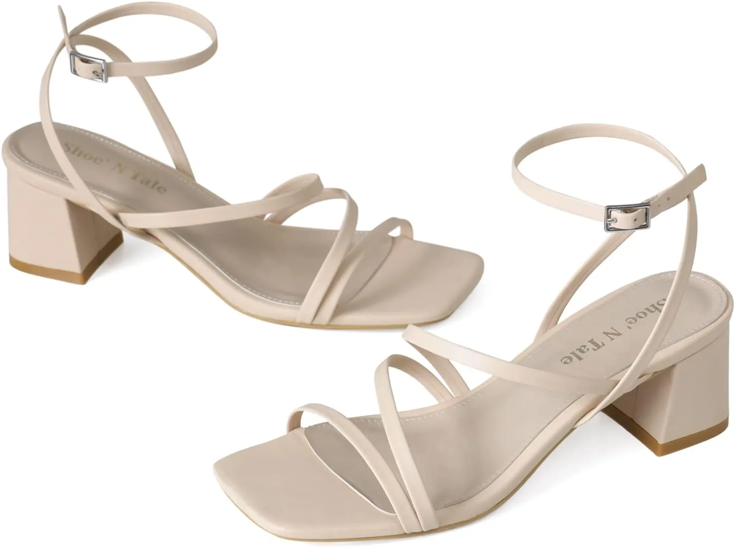 Shoe'N Tale Strappy Heels for Women Low Chunky Block Heel Dress Shoes Square Open Toe Ankle Strap Heeled Sandals
