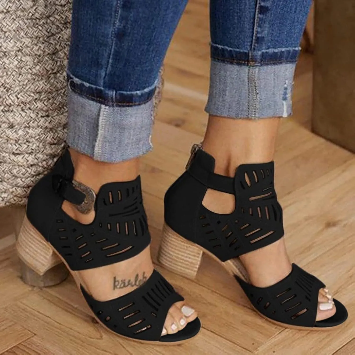 Shoes for Women Dressy, Sandals for Women Suede Peep Toe Ankle Booties Cut Out Stacked Heel Ankle Boots
