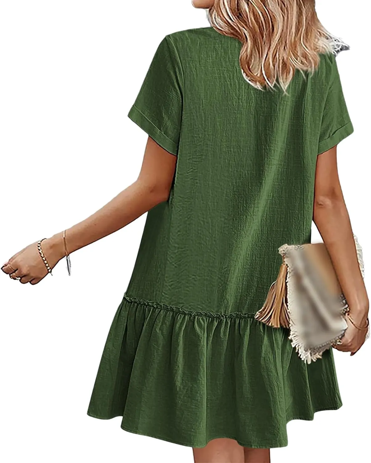 Short Sleeve Button Down Midi Dress for Women Summer V Neck A Line Beach Casual Dresses Mini T Shirt Ruffle Sundress