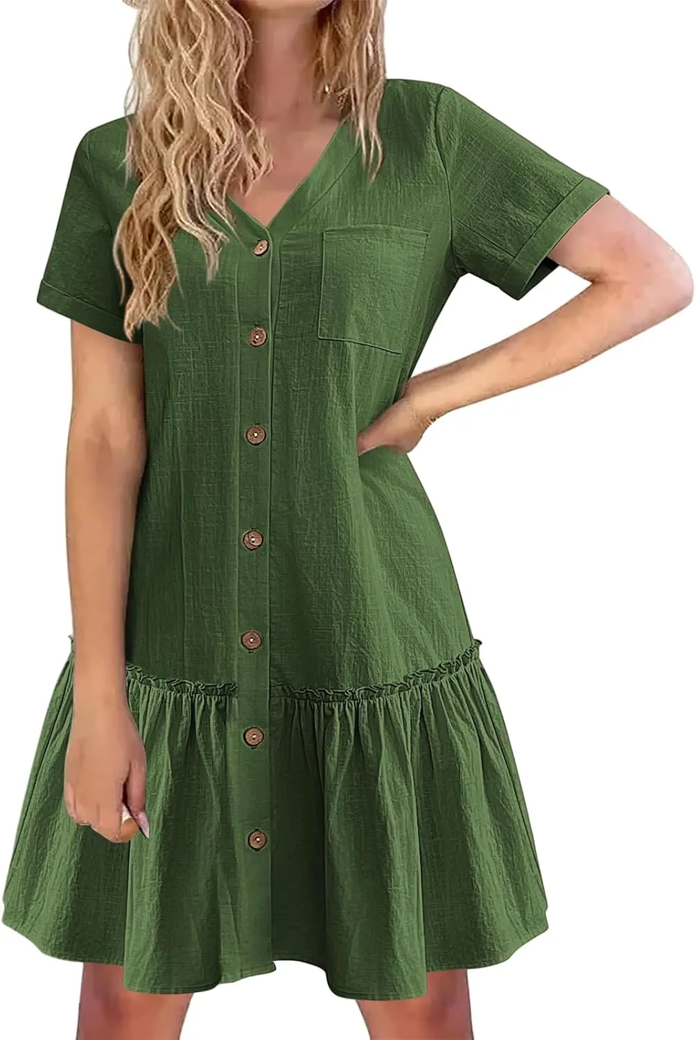 Short Sleeve Button Down Midi Dress for Women Summer V Neck A Line Beach Casual Dresses Mini T Shirt Ruffle Sundress