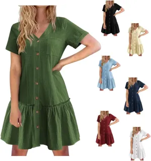 Short Sleeve Button Down Midi Dress for Women Summer V Neck A Line Beach Casual Dresses Mini T Shirt Ruffle Sundress