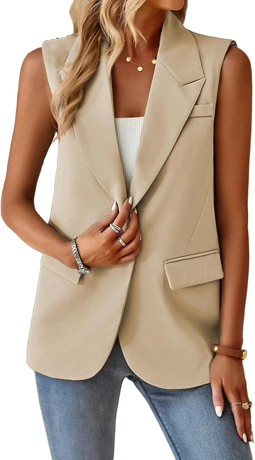 Sleeveless Blazer Vest for Women Single Button Summer Jacket Business Work Office Blazers Open Front Jacket Waistcoat