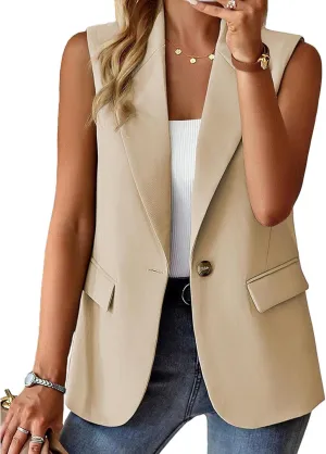 Sleeveless Blazer Vest for Women Single Button Summer Jacket Business Work Office Blazers Open Front Jacket Waistcoat