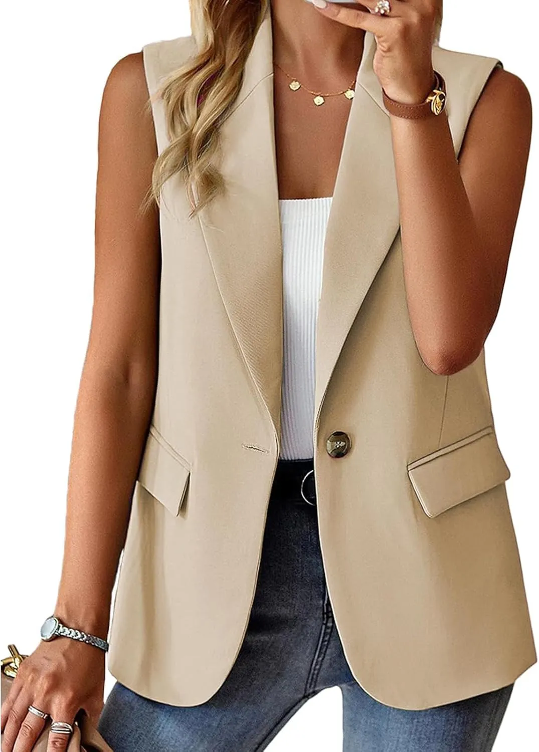 Sleeveless Blazer Vest for Women Single Button Summer Jacket Business Work Office Blazers Open Front Jacket Waistcoat