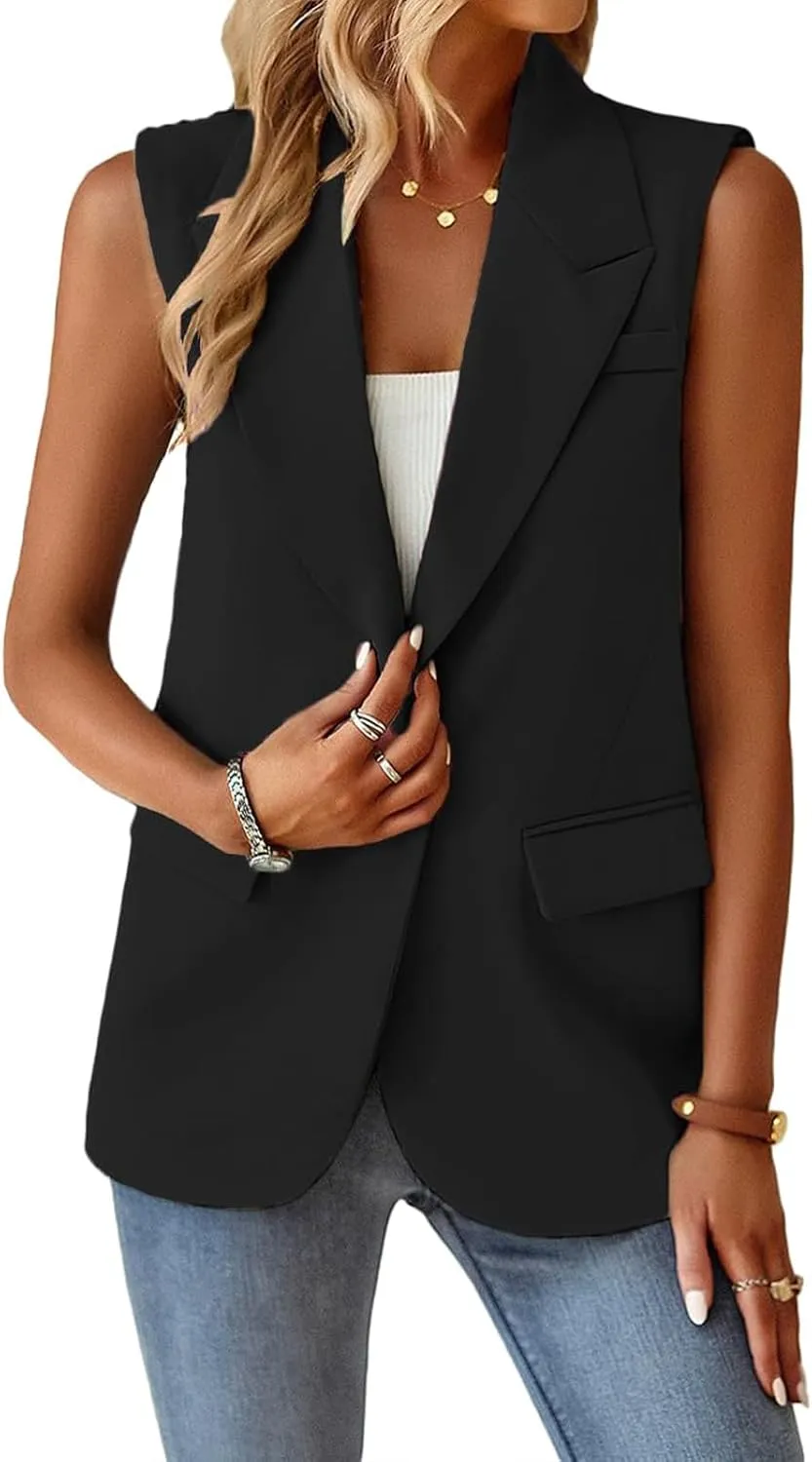 Sleeveless Blazer Vest for Women Single Button Summer Jacket Business Work Office Blazers Open Front Jacket Waistcoat