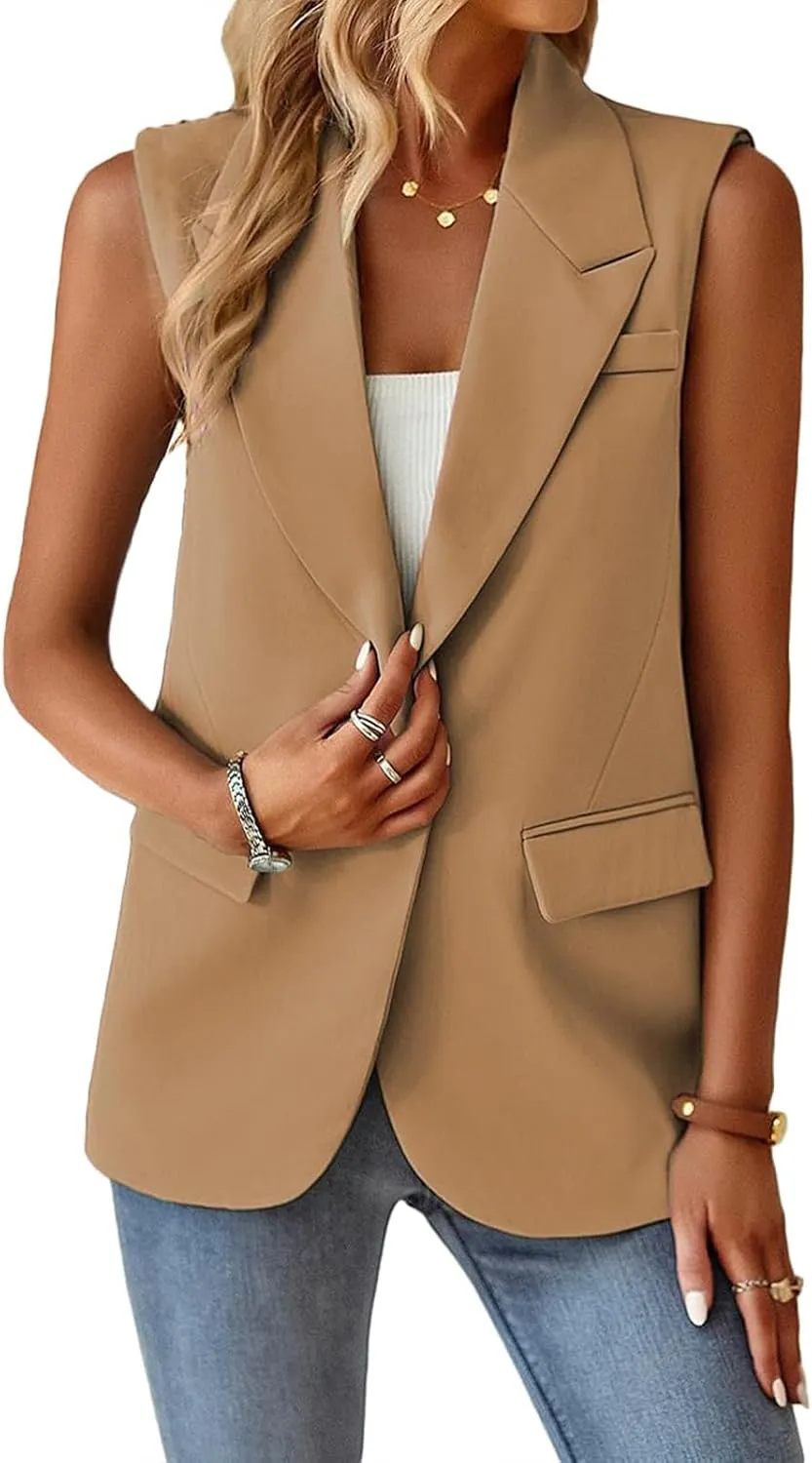Sleeveless Blazer Vest for Women Single Button Summer Jacket Business Work Office Blazers Open Front Jacket Waistcoat