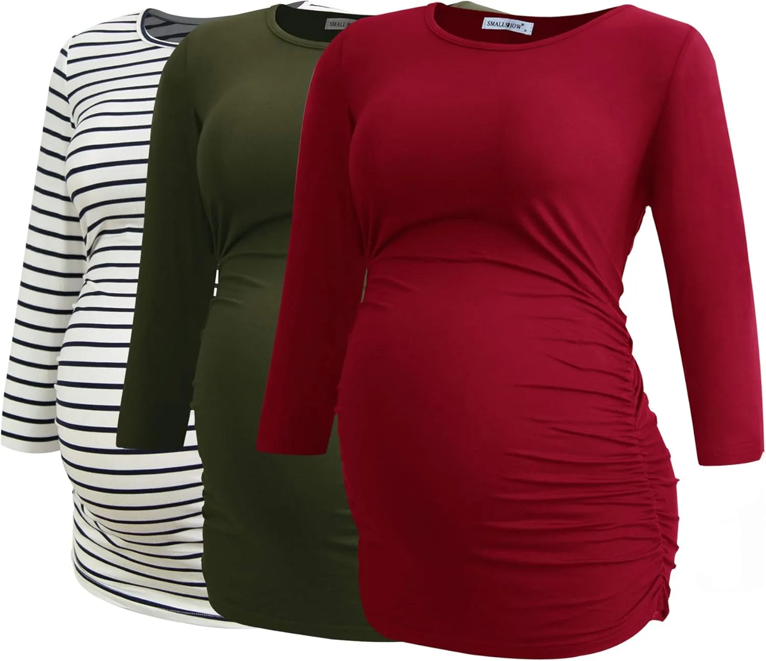 Smallshow Women's Maternity Tunic Tops Clothes 3/4 Sleeve Ruched Pregnancy Shirt