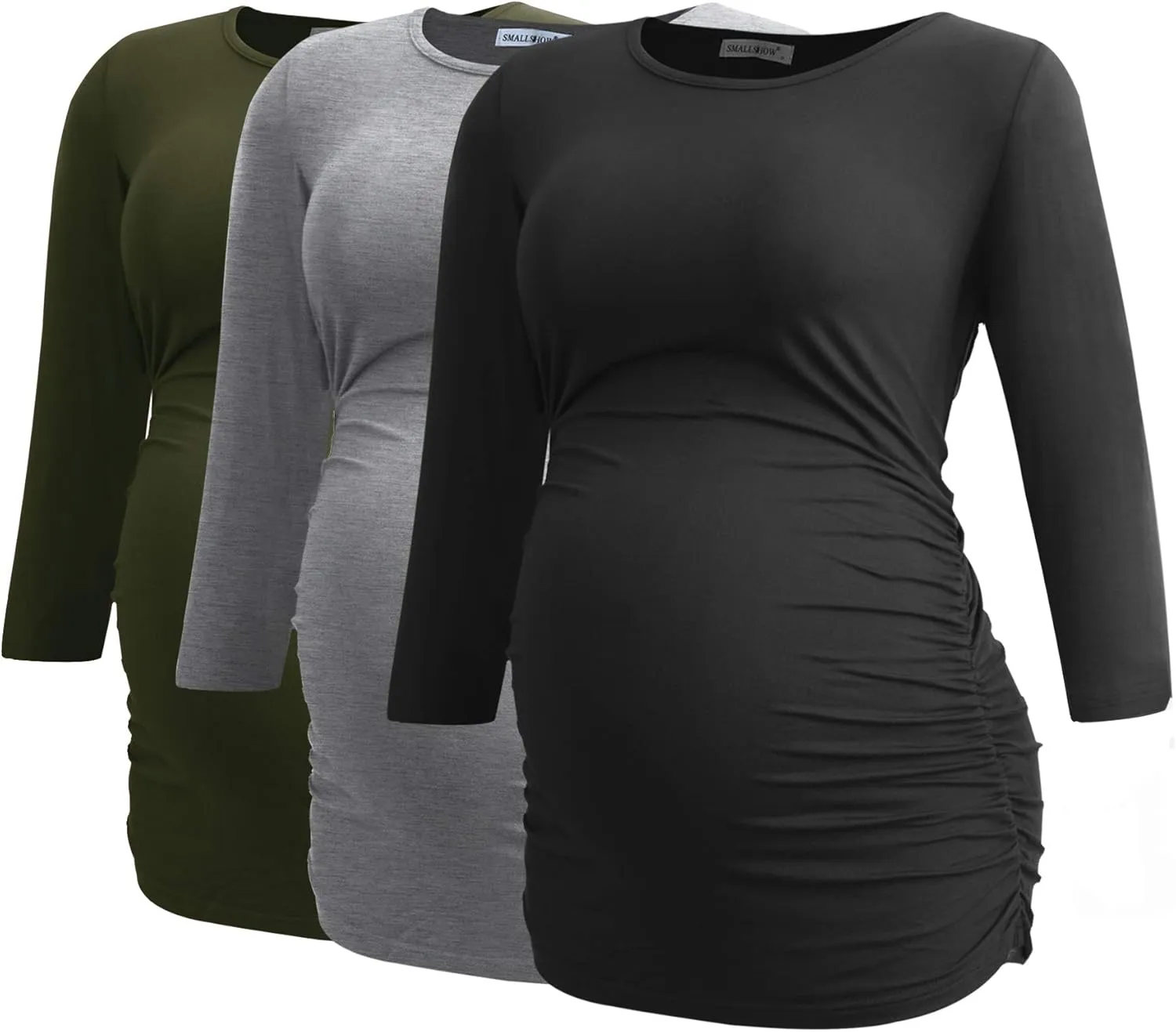 Smallshow Women's Maternity Tunic Tops Clothes 3/4 Sleeve Ruched Pregnancy Shirt