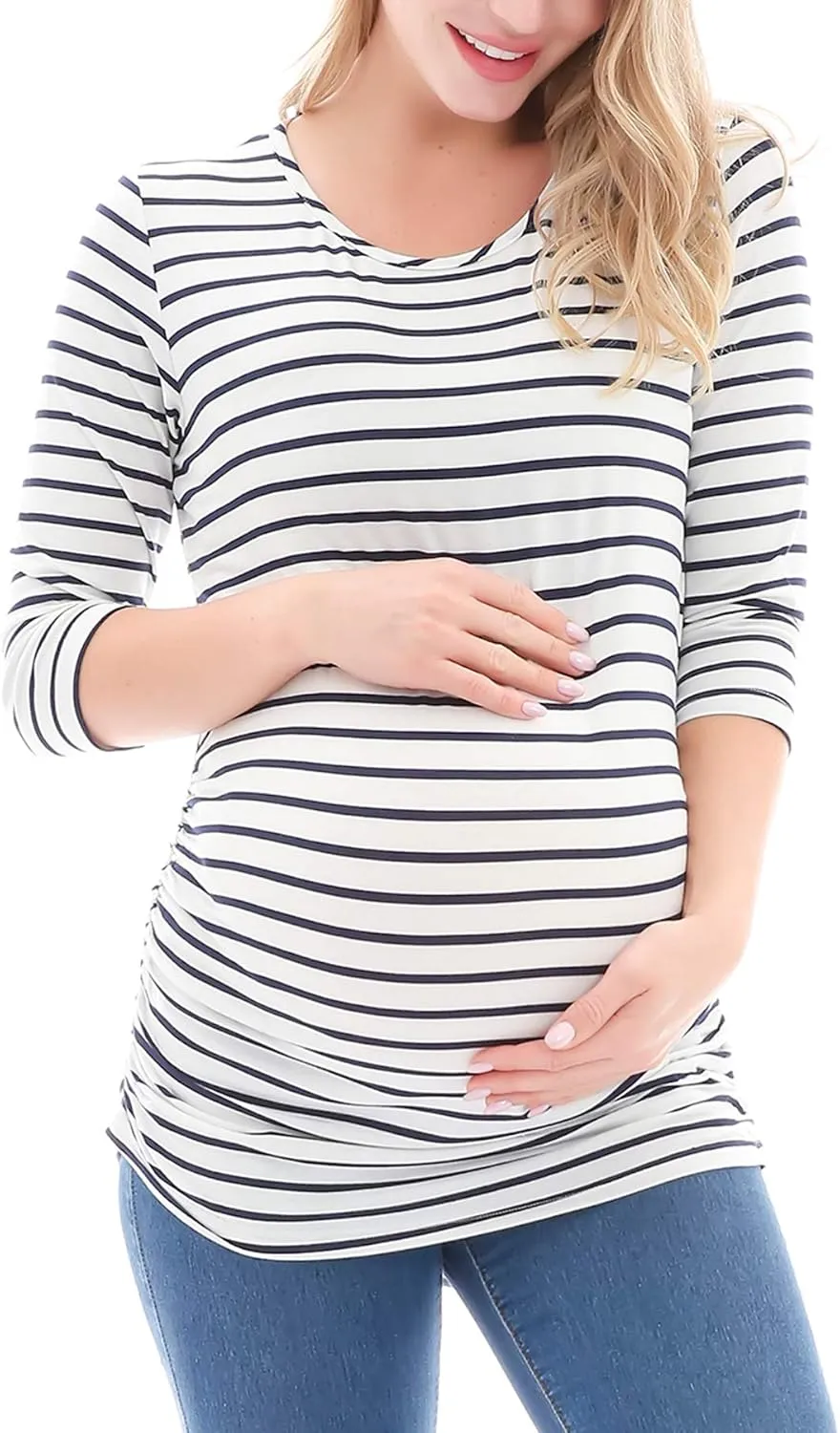 Smallshow Women's Maternity Tunic Tops Clothes 3/4 Sleeve Ruched Pregnancy Shirt