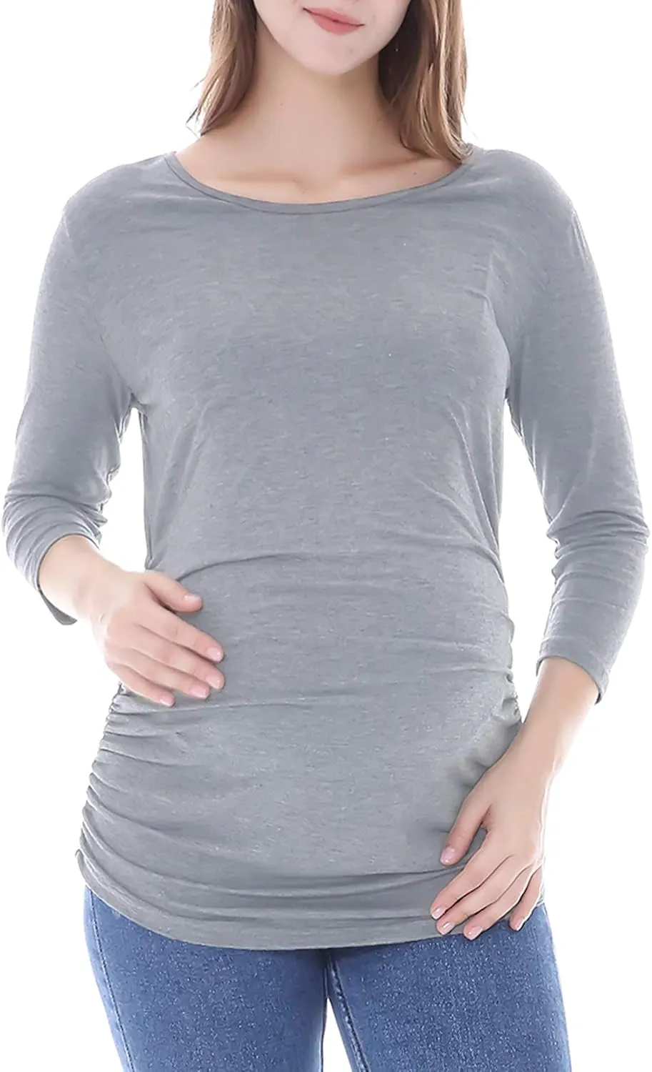 Smallshow Women's Maternity Tunic Tops Clothes 3/4 Sleeve Ruched Pregnancy Shirt