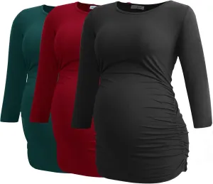 Smallshow Women's Maternity Tunic Tops Clothes 3/4 Sleeve Ruched Pregnancy Shirt