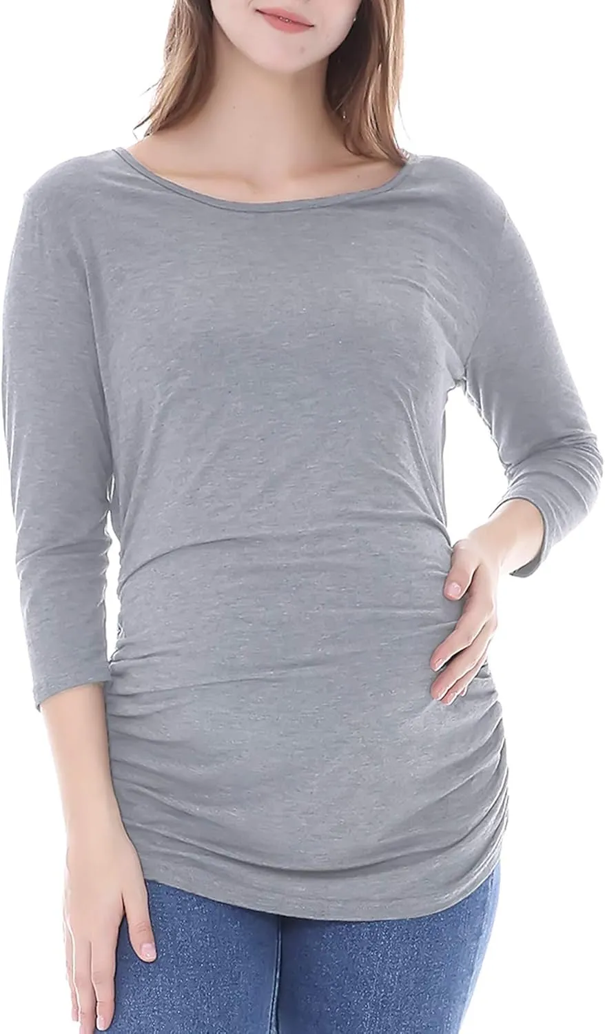 Smallshow Women's Maternity Tunic Tops Clothes 3/4 Sleeve Ruched Pregnancy Shirt