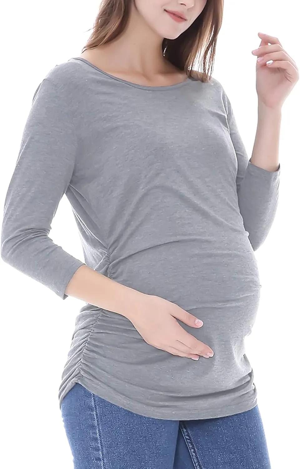 Smallshow Women's Maternity Tunic Tops Clothes 3/4 Sleeve Ruched Pregnancy Shirt
