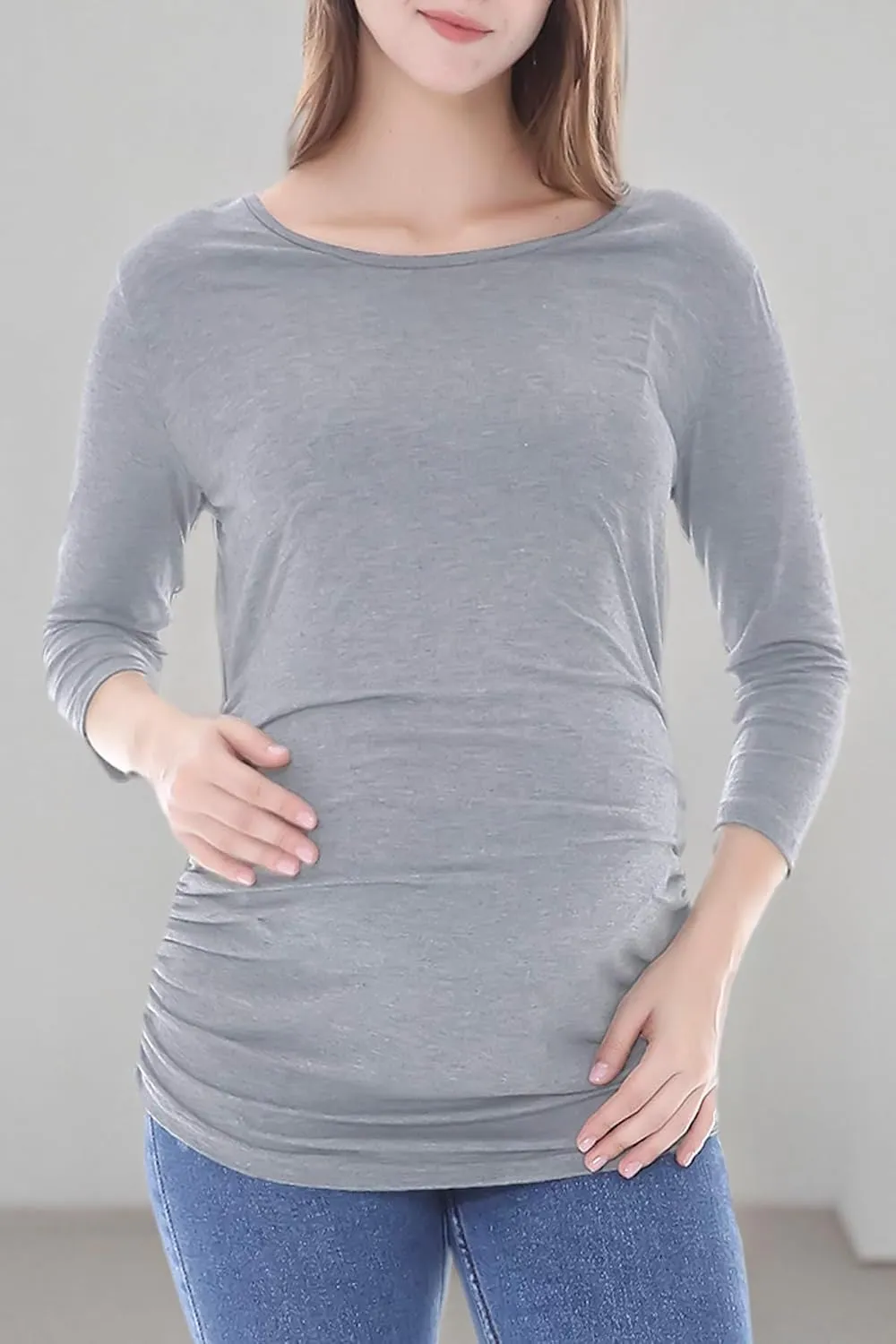 Smallshow Women's Maternity Tunic Tops Clothes 3/4 Sleeve Ruched Pregnancy Shirt