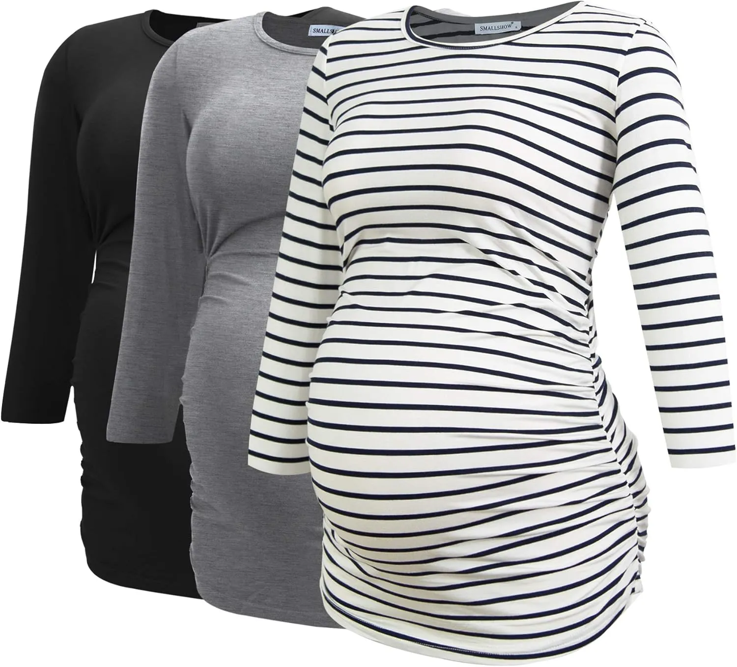 Smallshow Women's Maternity Tunic Tops Clothes 3/4 Sleeve Ruched Pregnancy Shirt