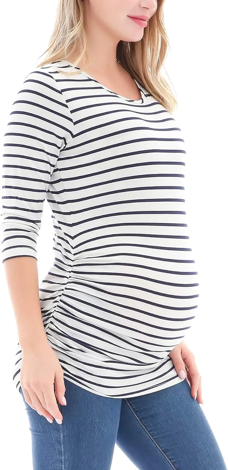 Smallshow Women's Maternity Tunic Tops Clothes 3/4 Sleeve Ruched Pregnancy Shirt