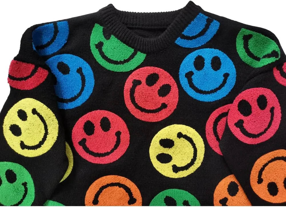 Smiling Faces Sweater Colorful Applique Oversized Crewneck Knit Pullovers