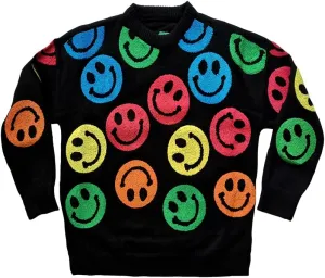 Smiling Faces Sweater Colorful Applique Oversized Crewneck Knit Pullovers