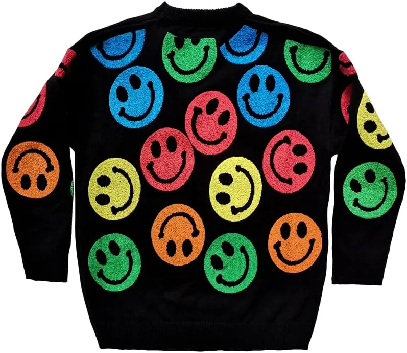 Smiling Faces Sweater Colorful Applique Oversized Crewneck Knit Pullovers