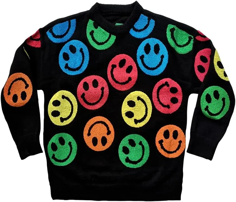 Smiling Faces Sweater Colorful Applique Oversized Crewneck Knit Pullovers