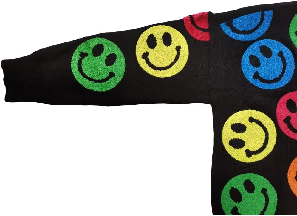 Smiling Faces Sweater Colorful Applique Oversized Crewneck Knit Pullovers