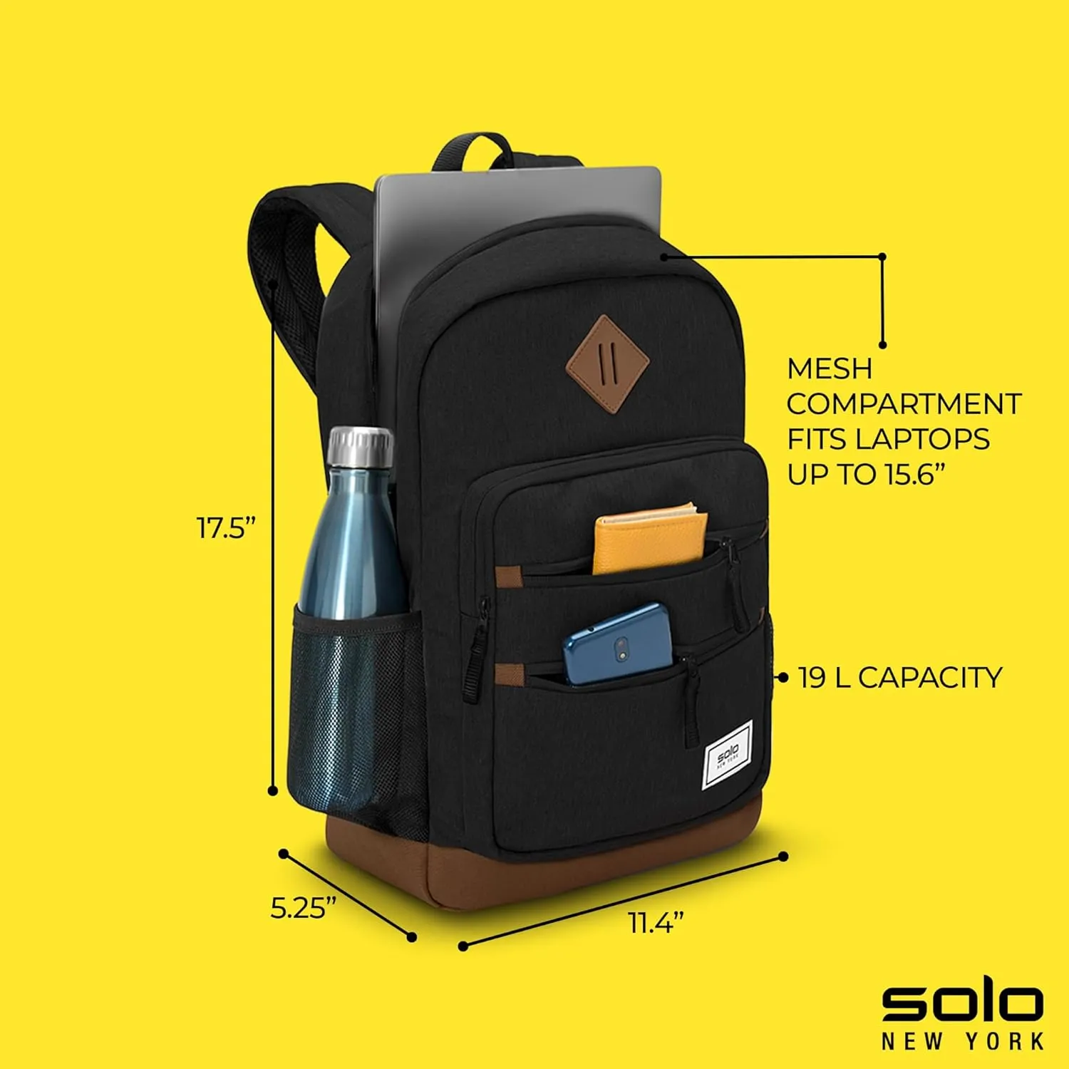 Solo New York Laptop Backpack for Women & Men -Carry On Bookbag for Travel & Work, Lightweight Bag, Side Mesh Pockets, Fits 15.6" Computer - Re:Fresh, Black