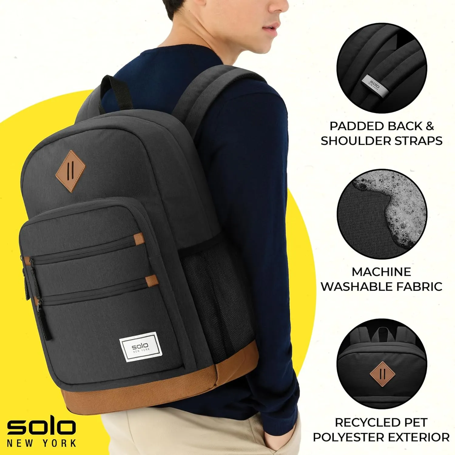 Solo New York Laptop Backpack for Women & Men -Carry On Bookbag for Travel & Work, Lightweight Bag, Side Mesh Pockets, Fits 15.6" Computer - Re:Fresh, Black