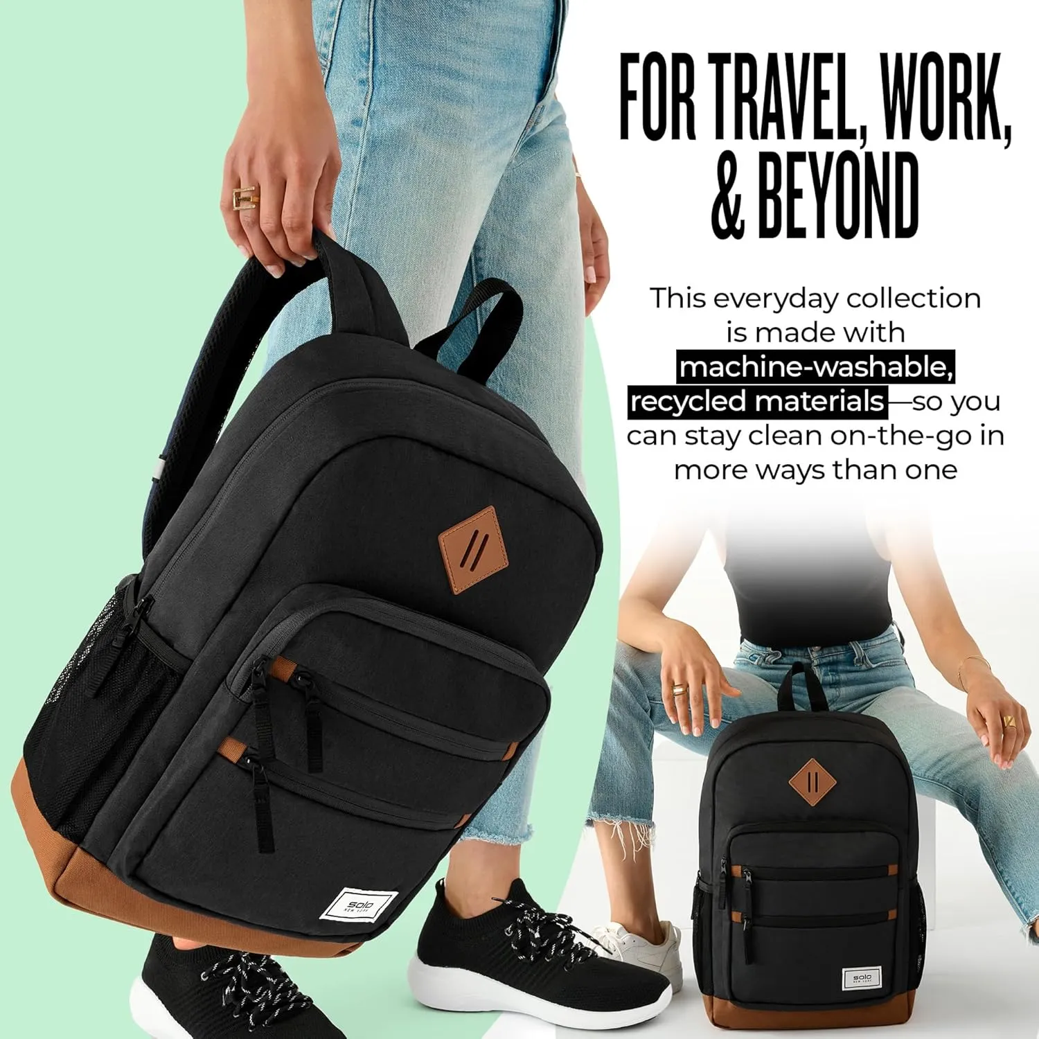 Solo New York Laptop Backpack for Women & Men -Carry On Bookbag for Travel & Work, Lightweight Bag, Side Mesh Pockets, Fits 15.6" Computer - Re:Fresh, Black