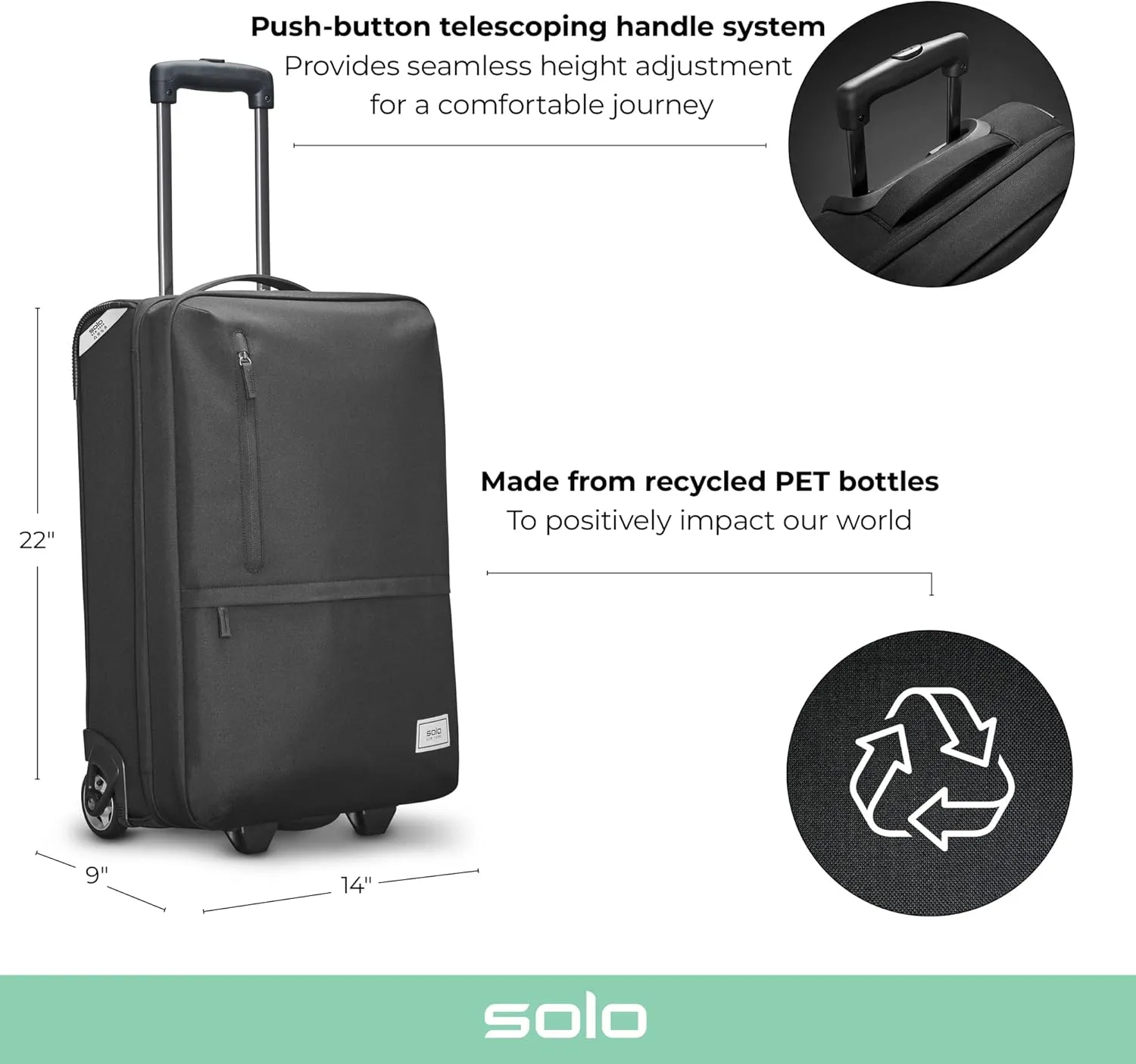 Solo New York Re:treat Carry-On 22" 2-Wheel Upright, Made from Recycled Materials, Black