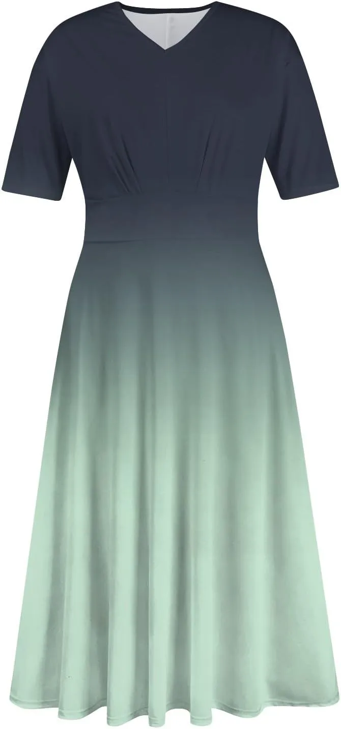 Spring Dresses for Women Short Sleeve Flowy Dresses Plus Size V Neck Casual Dresses Modest Elegant Cocktail Dresses