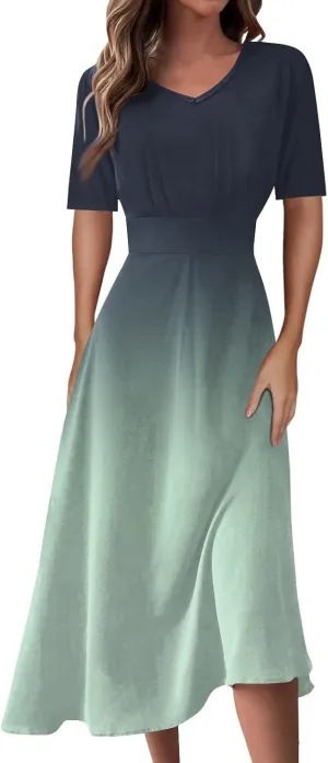 Spring Dresses for Women Short Sleeve Flowy Dresses Plus Size V Neck Casual Dresses Modest Elegant Cocktail Dresses