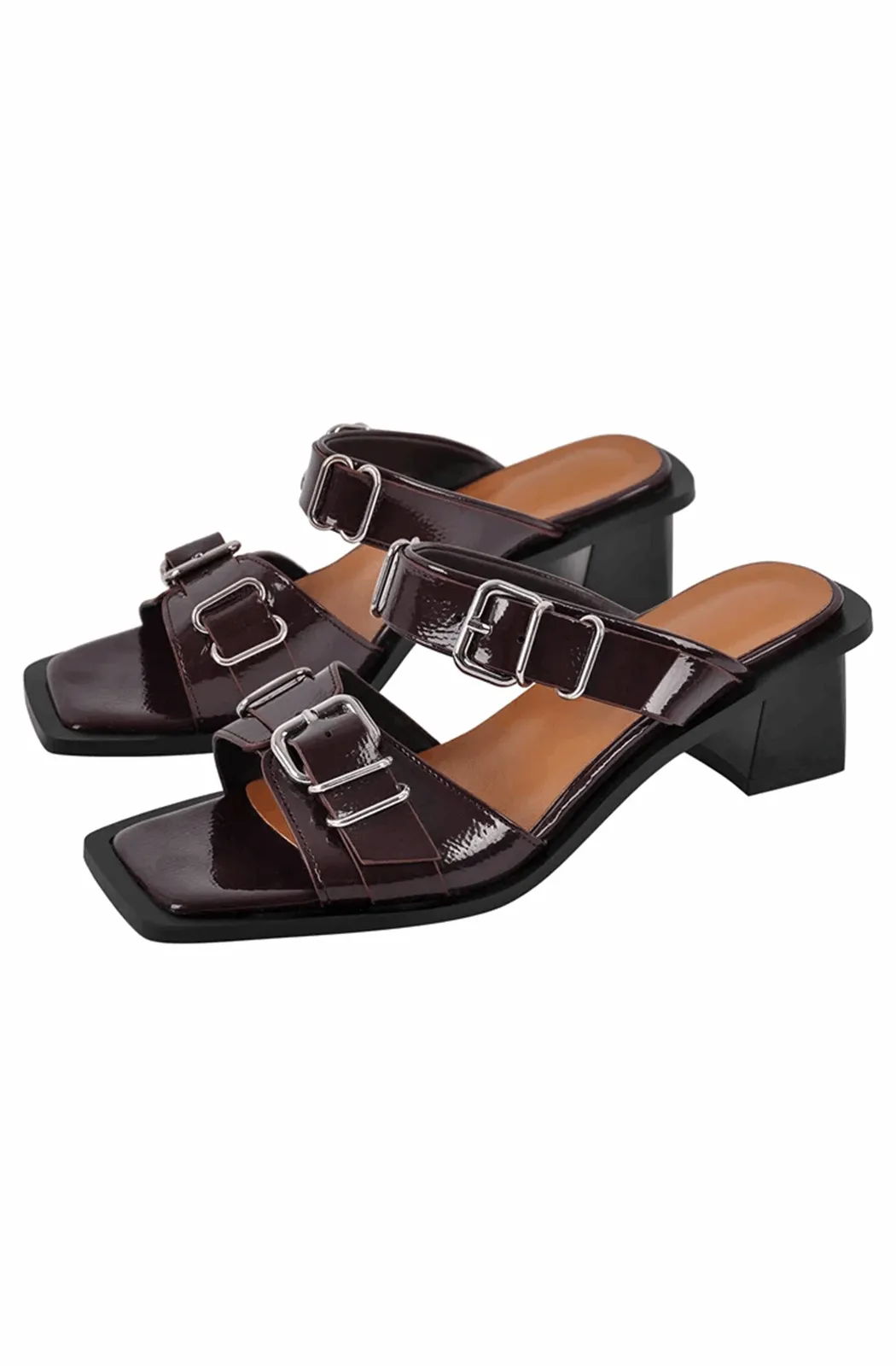 Square toe buckle chunky heeled sandals