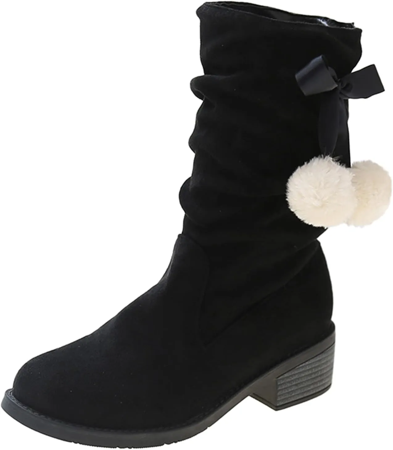 Suede Lace Up Pull-on Fur Snow Booties Fashion Block High Heel Warm Comfortable Non-Slip Short Ankle Boots