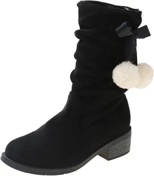 Suede Lace Up Pull-on Fur Snow Booties Fashion Block High Heel Warm Comfortable Non-Slip Short Ankle Boots