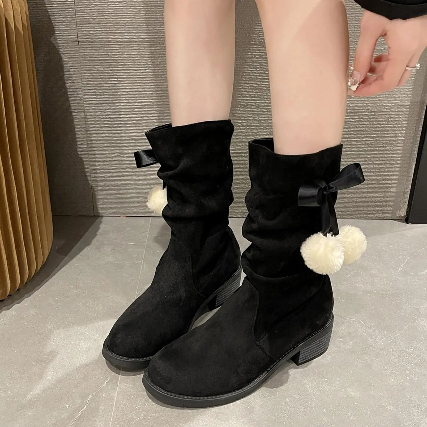 Suede Lace Up Pull-on Fur Snow Booties Fashion Block High Heel Warm Comfortable Non-Slip Short Ankle Boots