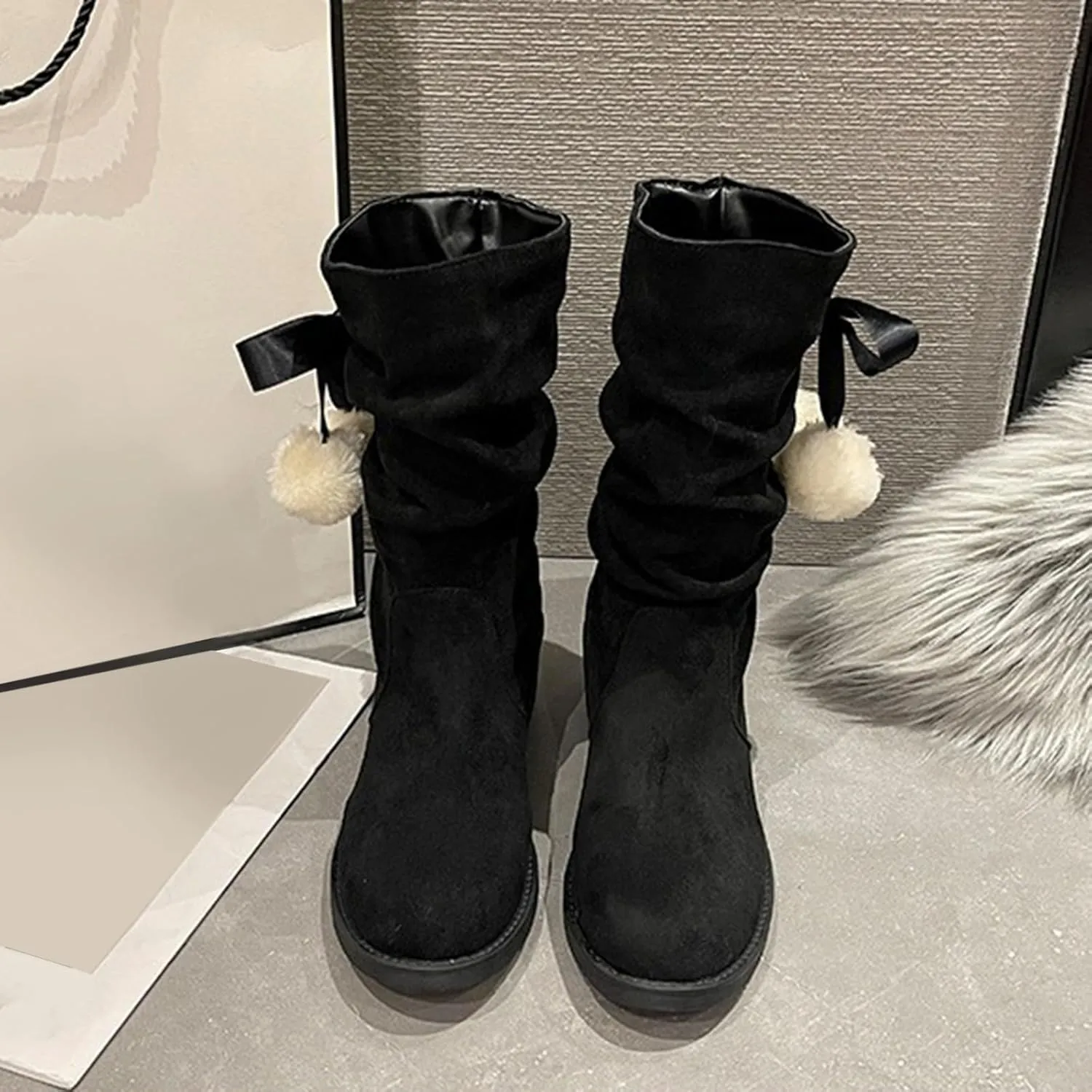 Suede Lace Up Pull-on Fur Snow Booties Fashion Block High Heel Warm Comfortable Non-Slip Short Ankle Boots