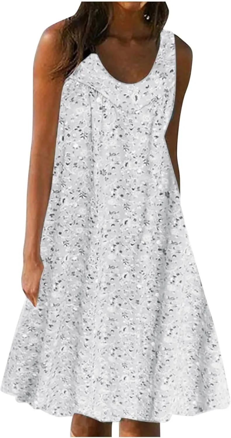 Summer Beach Sundress for Women 2024 Trendy Loose Sleeveless Solid Floral Dress Fashion Casual Flowy Tank Dresses