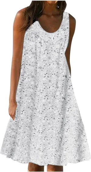 Summer Beach Sundress for Women 2024 Trendy Loose Sleeveless Solid Floral Dress Fashion Casual Flowy Tank Dresses