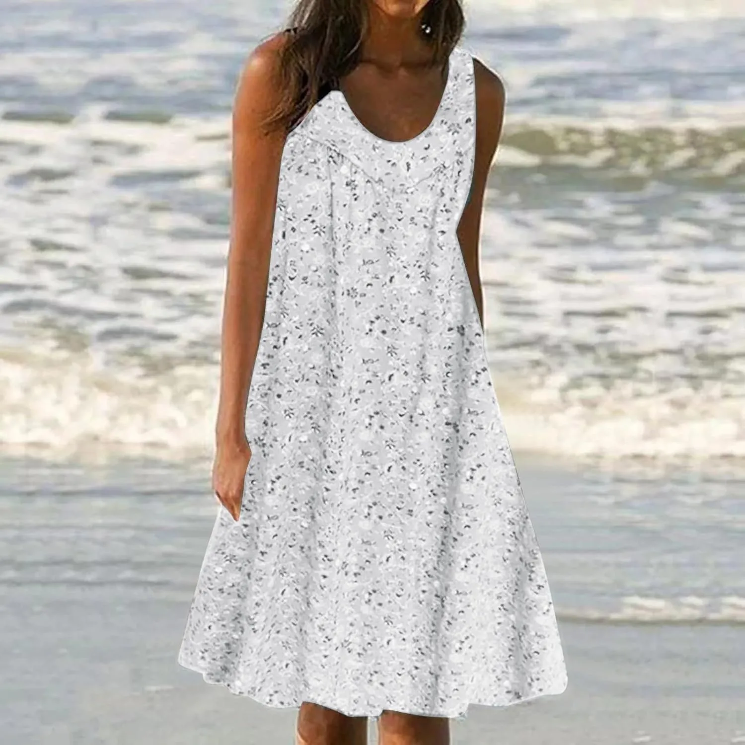 Summer Beach Sundress for Women 2024 Trendy Loose Sleeveless Solid Floral Dress Fashion Casual Flowy Tank Dresses