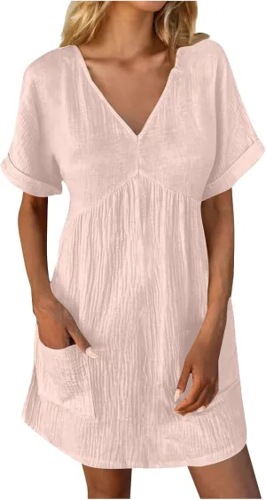 Summer Dress for Women 2024 Trendy Casual V-Neck Short Sleeve Solid Sundress Loose Flowy Beach Dress with Pockets