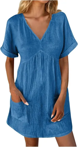 Summer Dress for Women 2024 Trendy Casual V-Neck Short Sleeve Solid Sundress Loose Flowy Beach Dress with Pockets