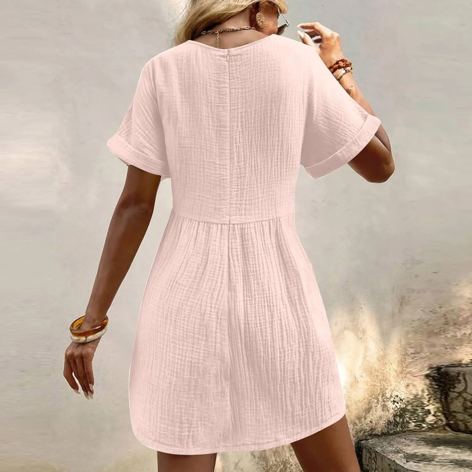 Summer Dress for Women 2024 Trendy Casual V-Neck Short Sleeve Solid Sundress Loose Flowy Beach Dress with Pockets