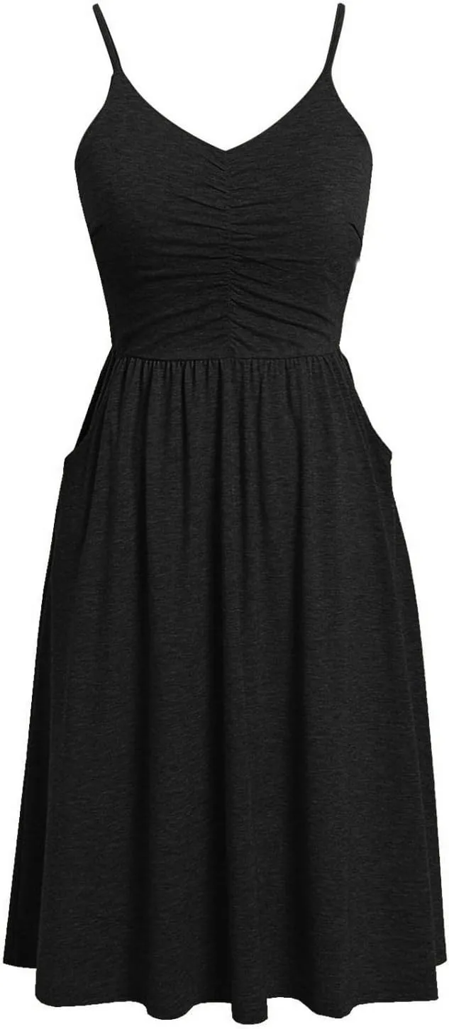 Summer Dress for Women Ruched Flowy Sundress Casual Floral Beach Dresses Flattering A-Line Spaghetti Strap Midi Dress